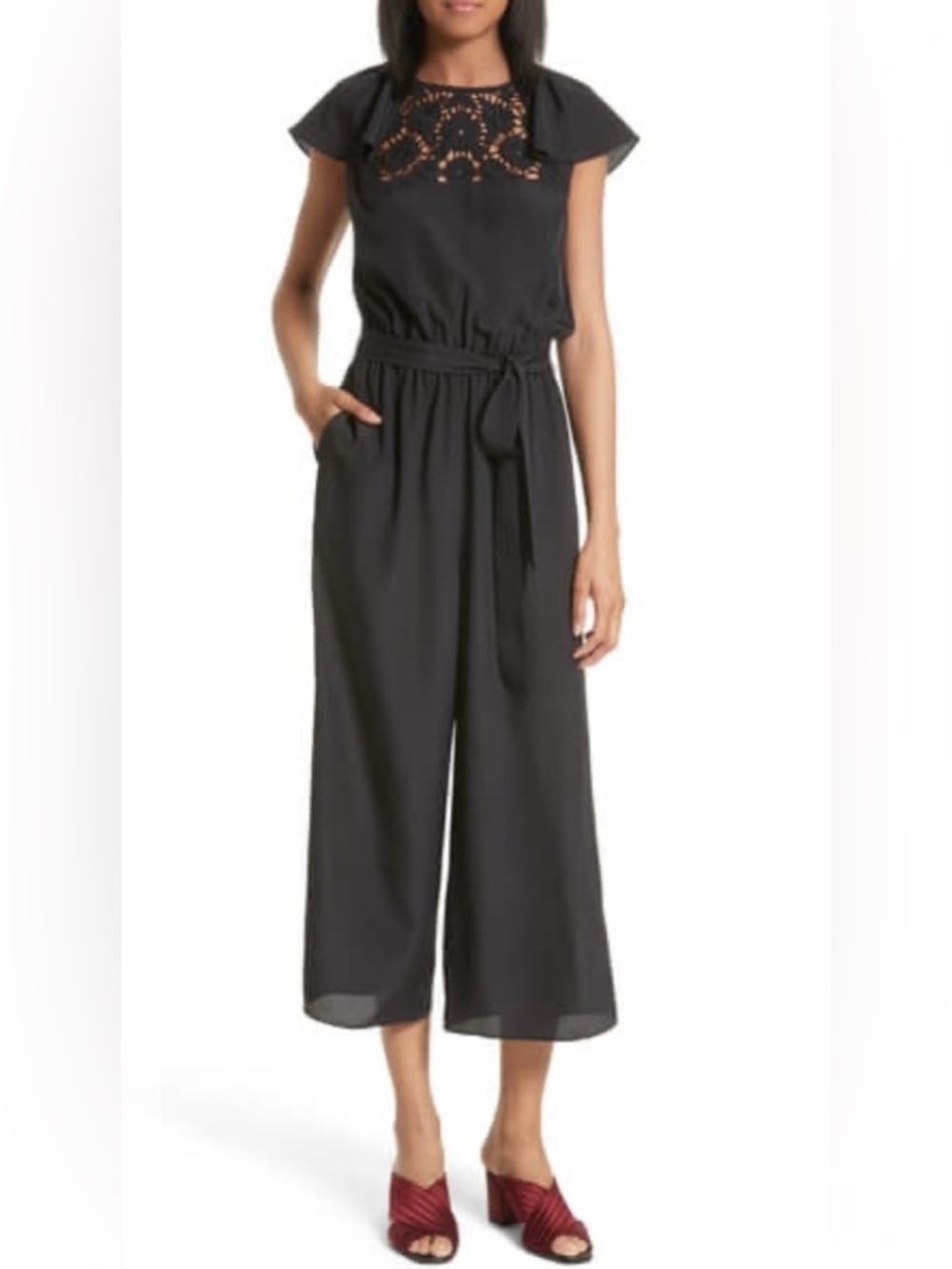 kate spade Black Cropped Wide-Leg Jumpsuit with embroidered yoke panel